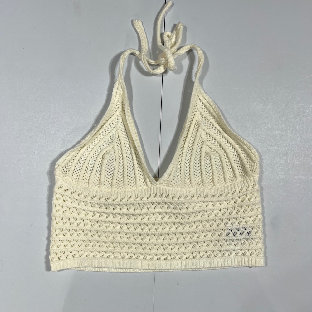 Womens Boho Crochet Y2K Knit Halter Crop Top Babydoll Womens Medium 70s Festival